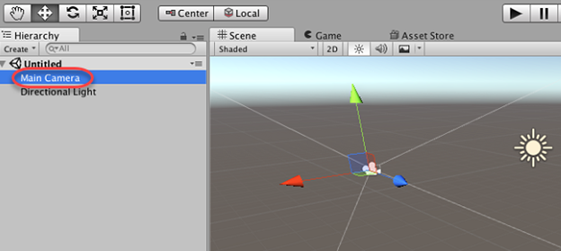 main camera object highlighted in hierarchy pane