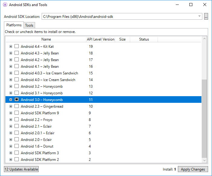 Selecting the API level in the Android SDK Manager