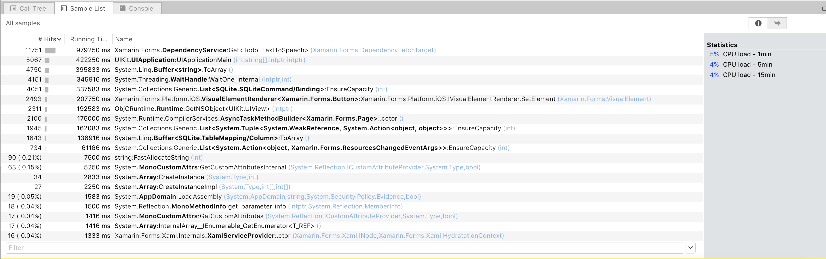 Time Profiler Instrument – Samples List