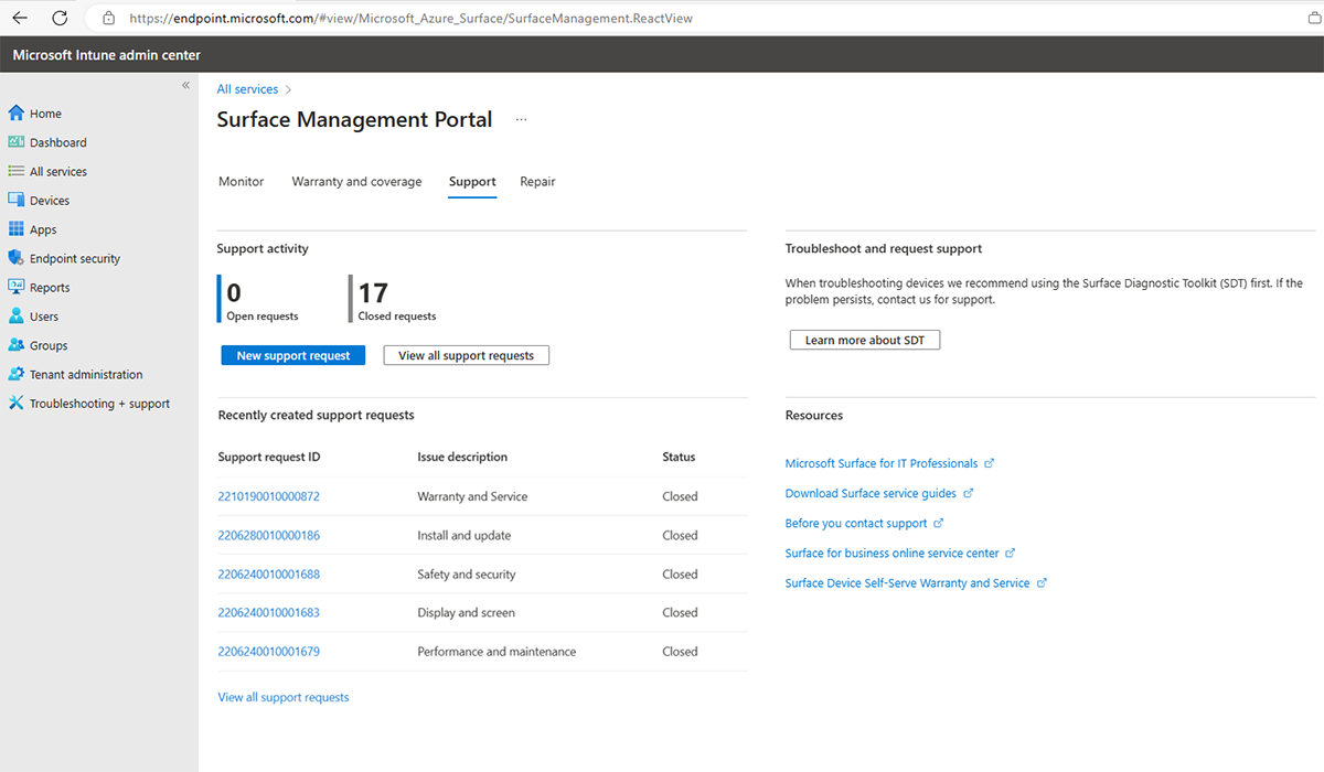 Screenshot that shows where to submit a new support request on the Surface Management Portal.