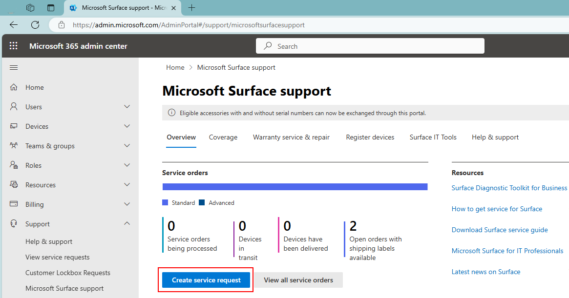 Screenshot of Microsoft 365 admin center showing New repair request feature.