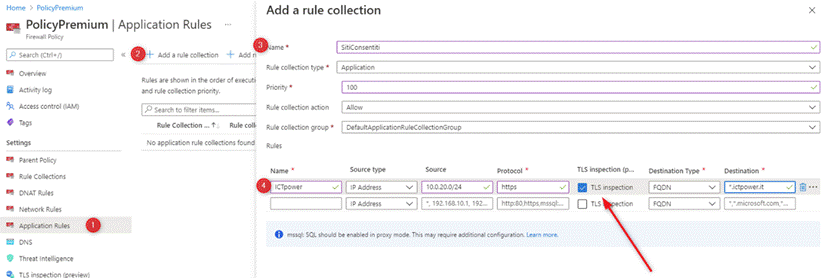 Screenshot showing the steps for creating an application rule.