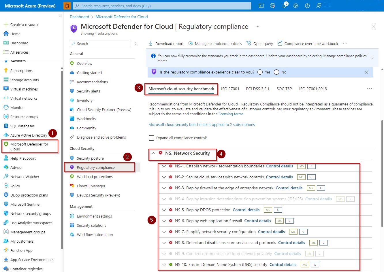 Screenshot example of network recommendations in Microsoft Defender for Cloud.