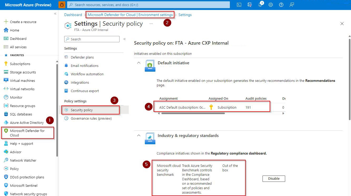 Screenshot example of recommended Azure policies in Microsoft Defender for Cloud.