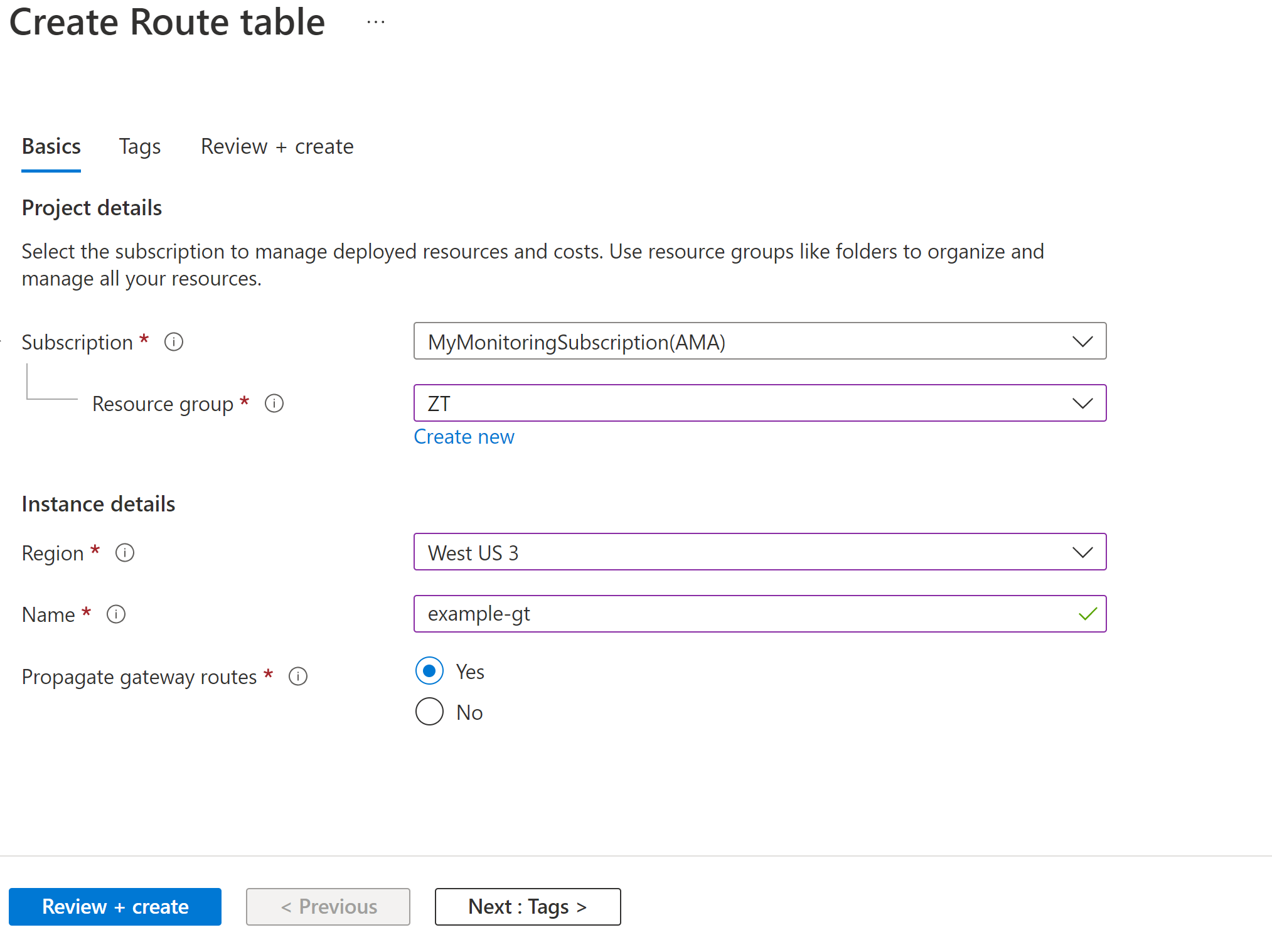 Screenshot of creating a route table.