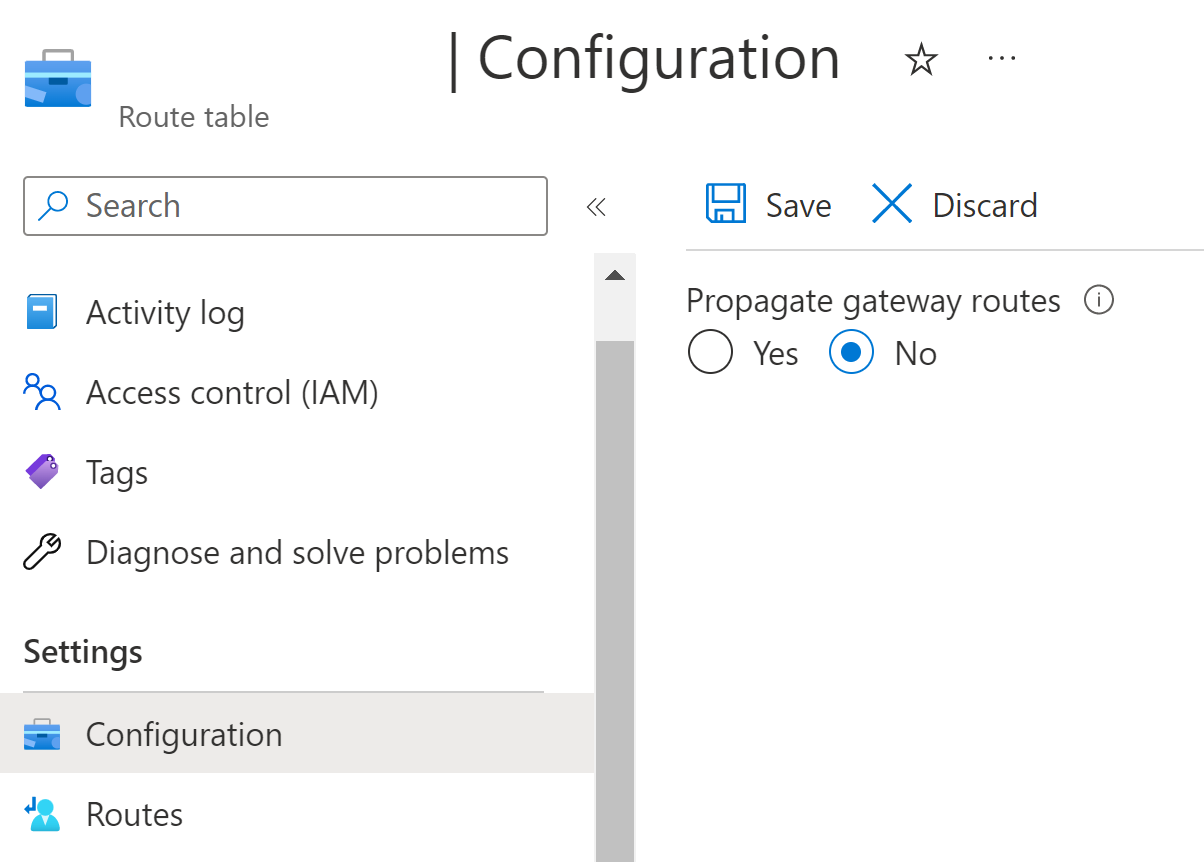 Screenshot of setting Propagate gateway routes to No.