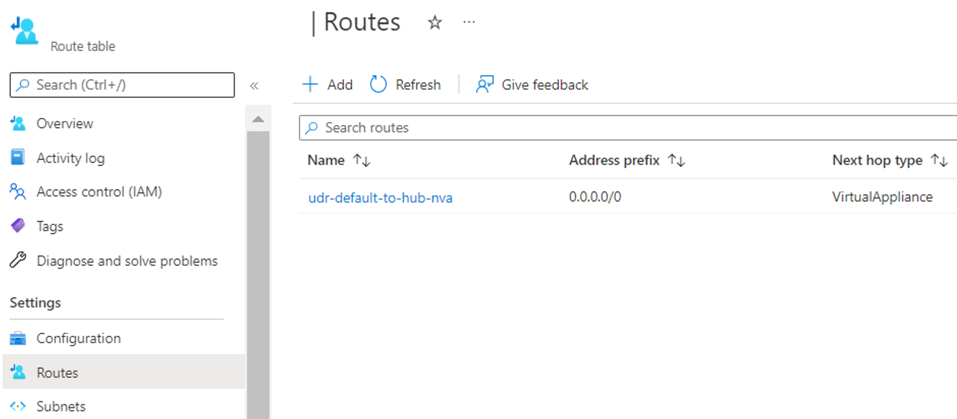 Screenshot of configuring spoke subnet routing for default route traffic.