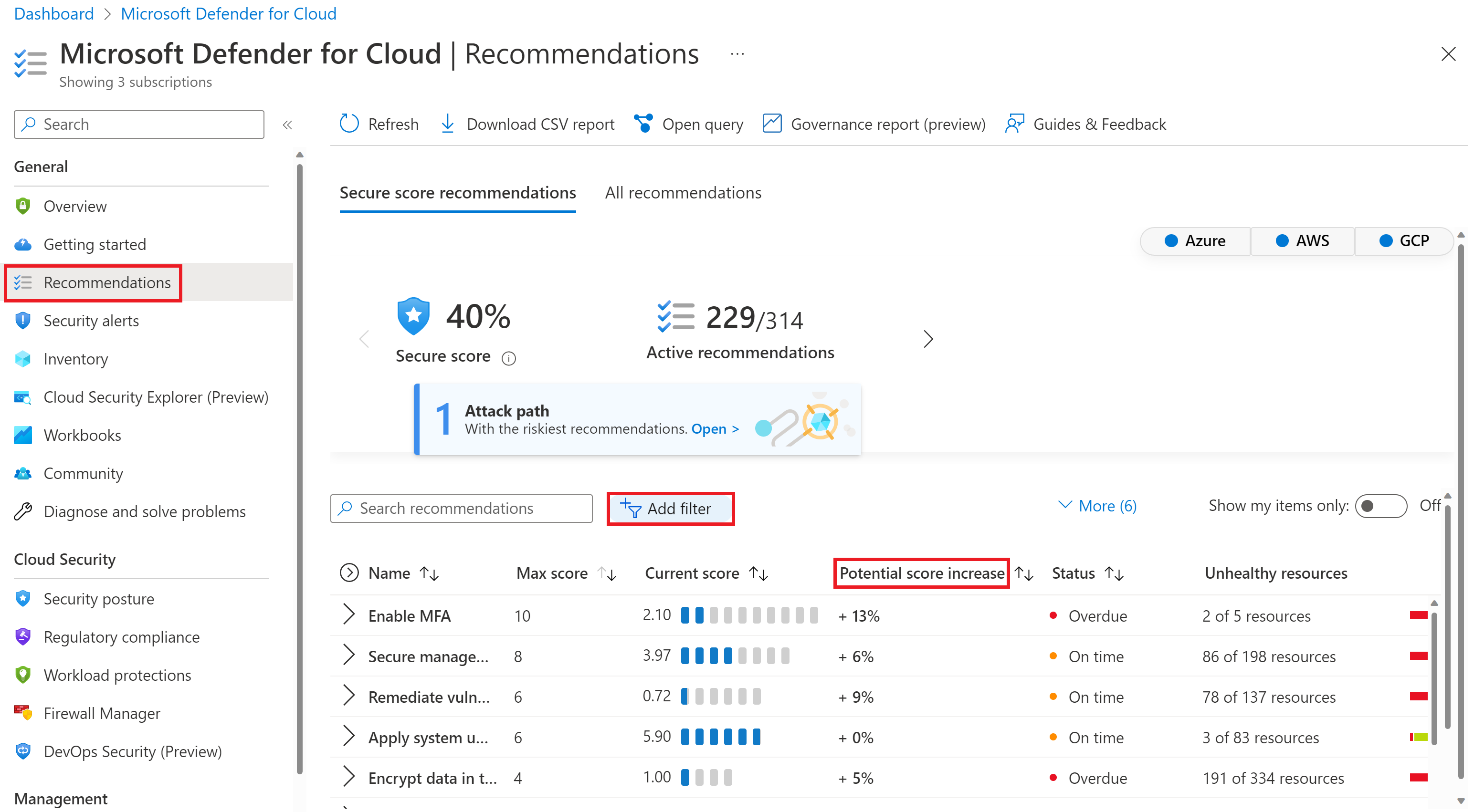 Screenshot of example Microsoft Defender for Cloud recommendations.