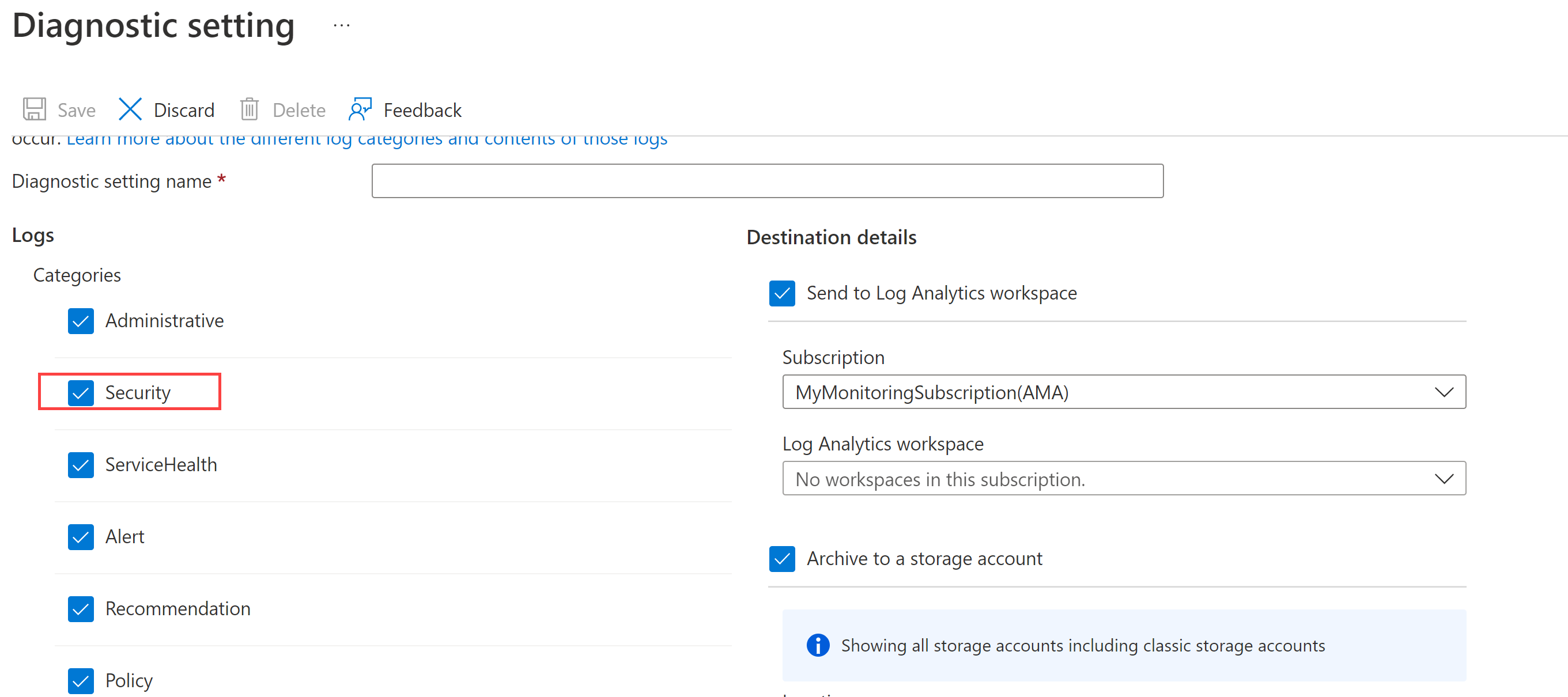 Screenshot of diagnostic settings for security in Azure Monitor.