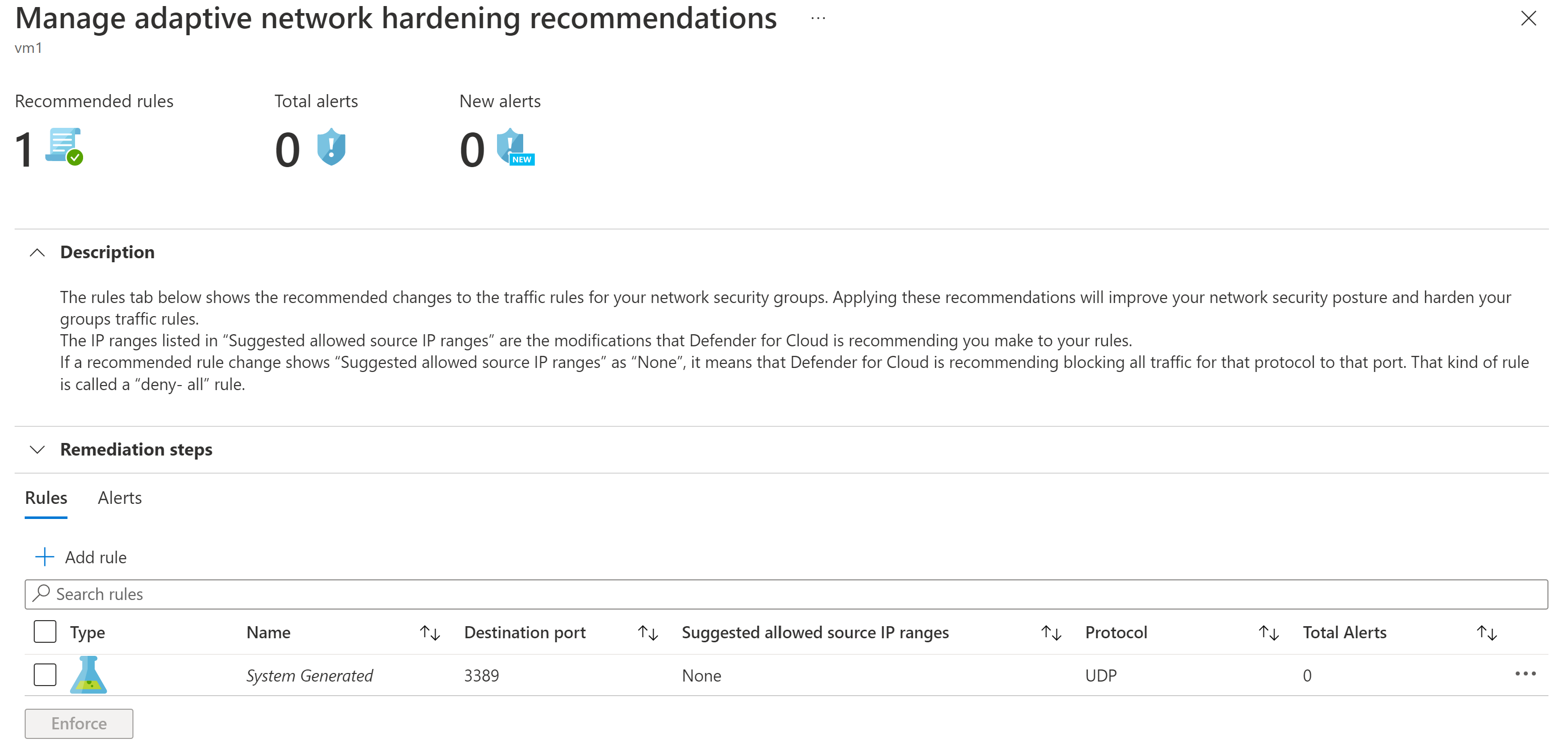 Screenshot of example network hardening recommendations.