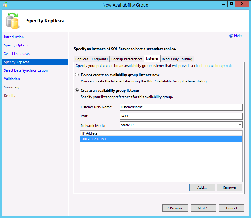 Screenshot of Create Availability Group showing the listener option.