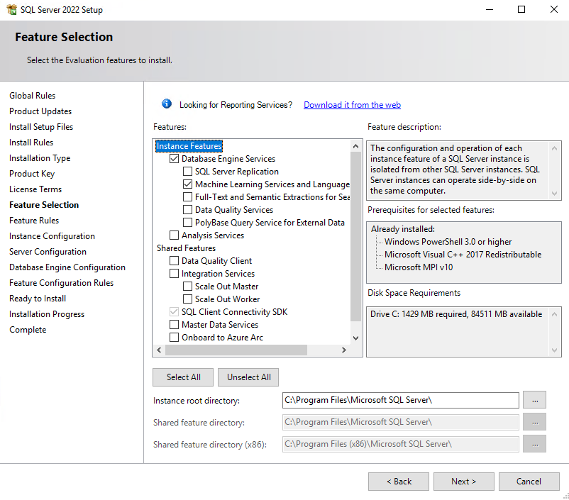 Screenshot of feature selection showing check boxes next to Database Engine Services and Machine Learning Services and Language.