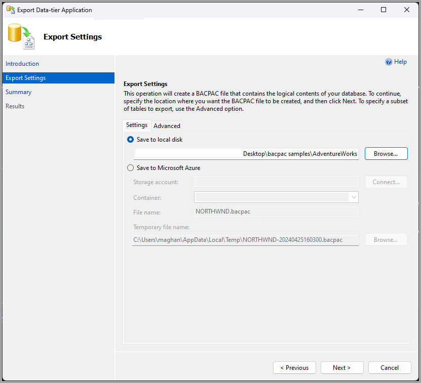 Screenshot of the export a data-tier application export settings page.