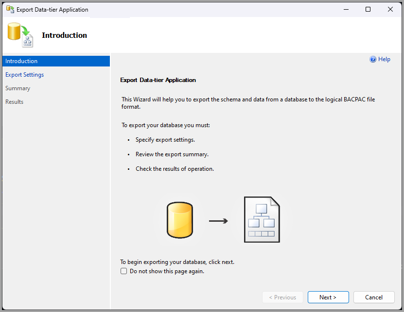 Screensheet of the export a data-tier application introduction page.