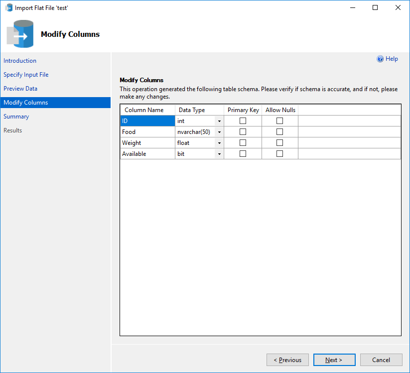 Screenshot of Import Flat File Wizard Modify Columns menu.