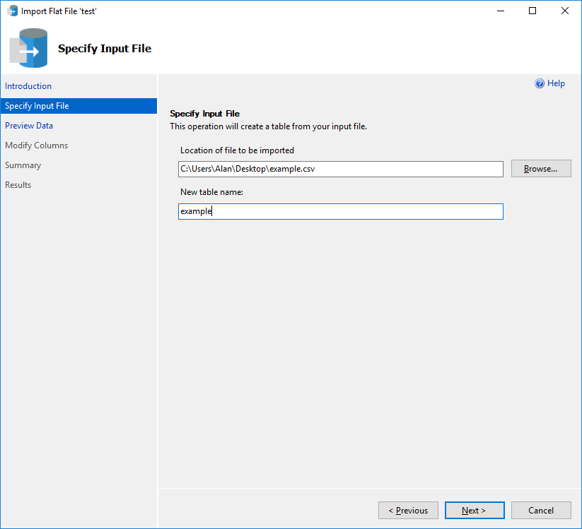 Screenshot of Import Flat File Wizard Specify Input File menu.