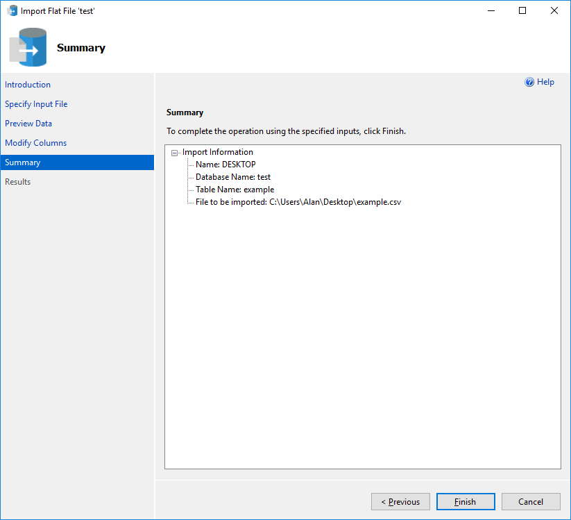 Screenshot of Import Flat File Wizard Summary menu.