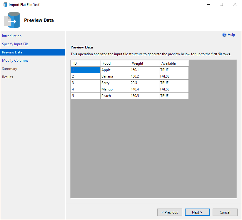 Screenshot of Import Flat File Wizard Preview Data menu.