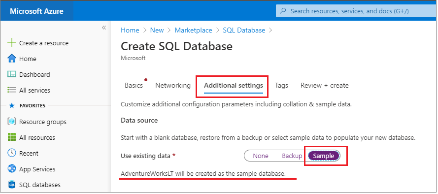 Screenshot of Choose sample as the data source on the Additional settings tab in the Azure portal when creating your Azure SQL Database.