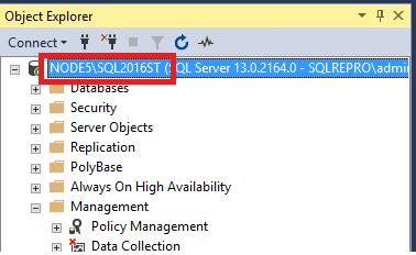 Screenshot of SQL Server instance name in Object Explorer.