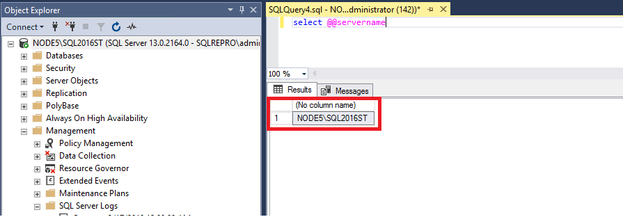 Screenshot of Query the SQL Server name.