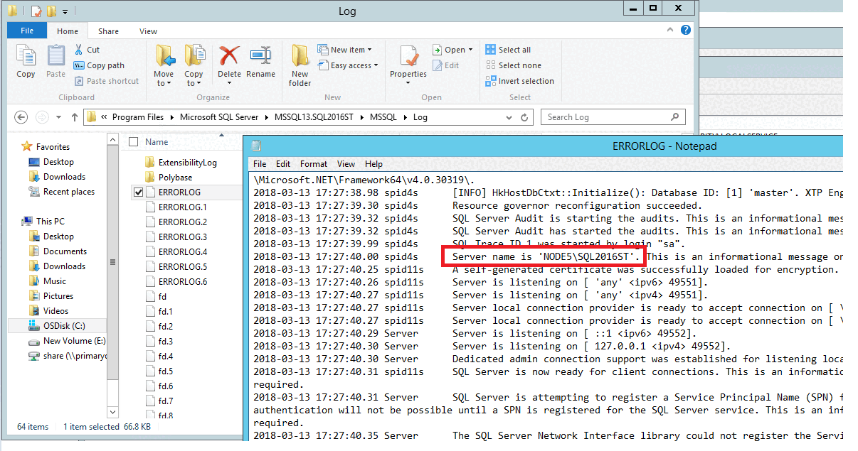 Screenshot of Find the server name in the error log.