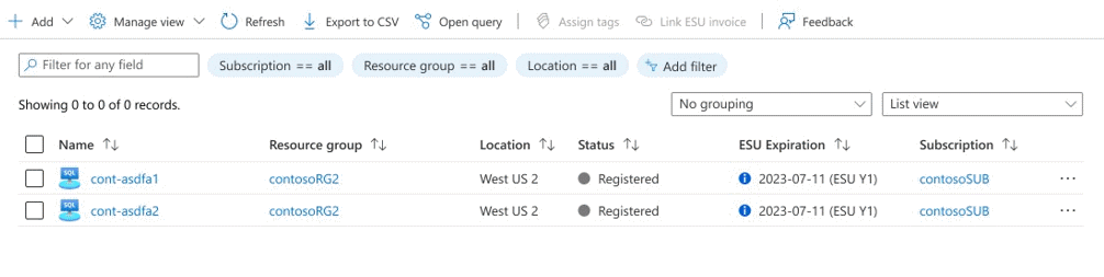 Screenshot of two registered SQL Server instances on the Azure Arc portal.