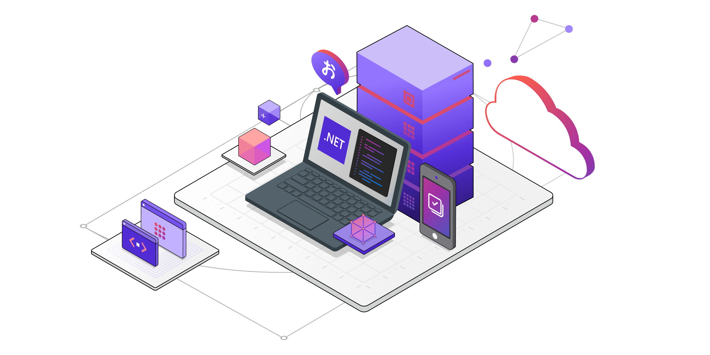 An isometric illustration of technical components for .NET services.