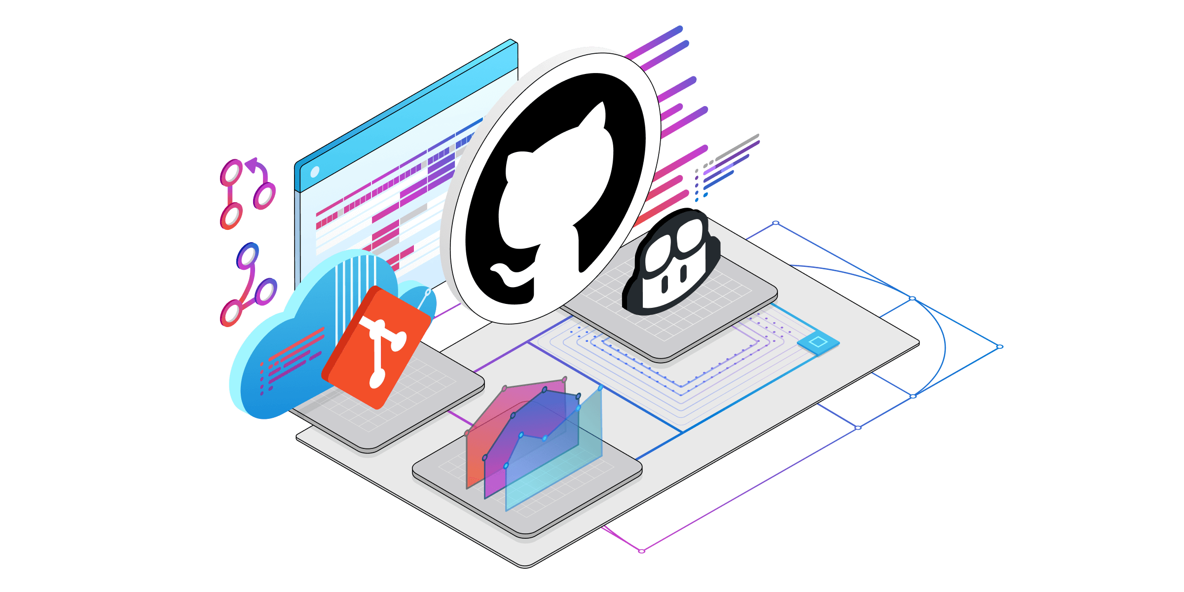 An isometric illustration of technical components for Github services.