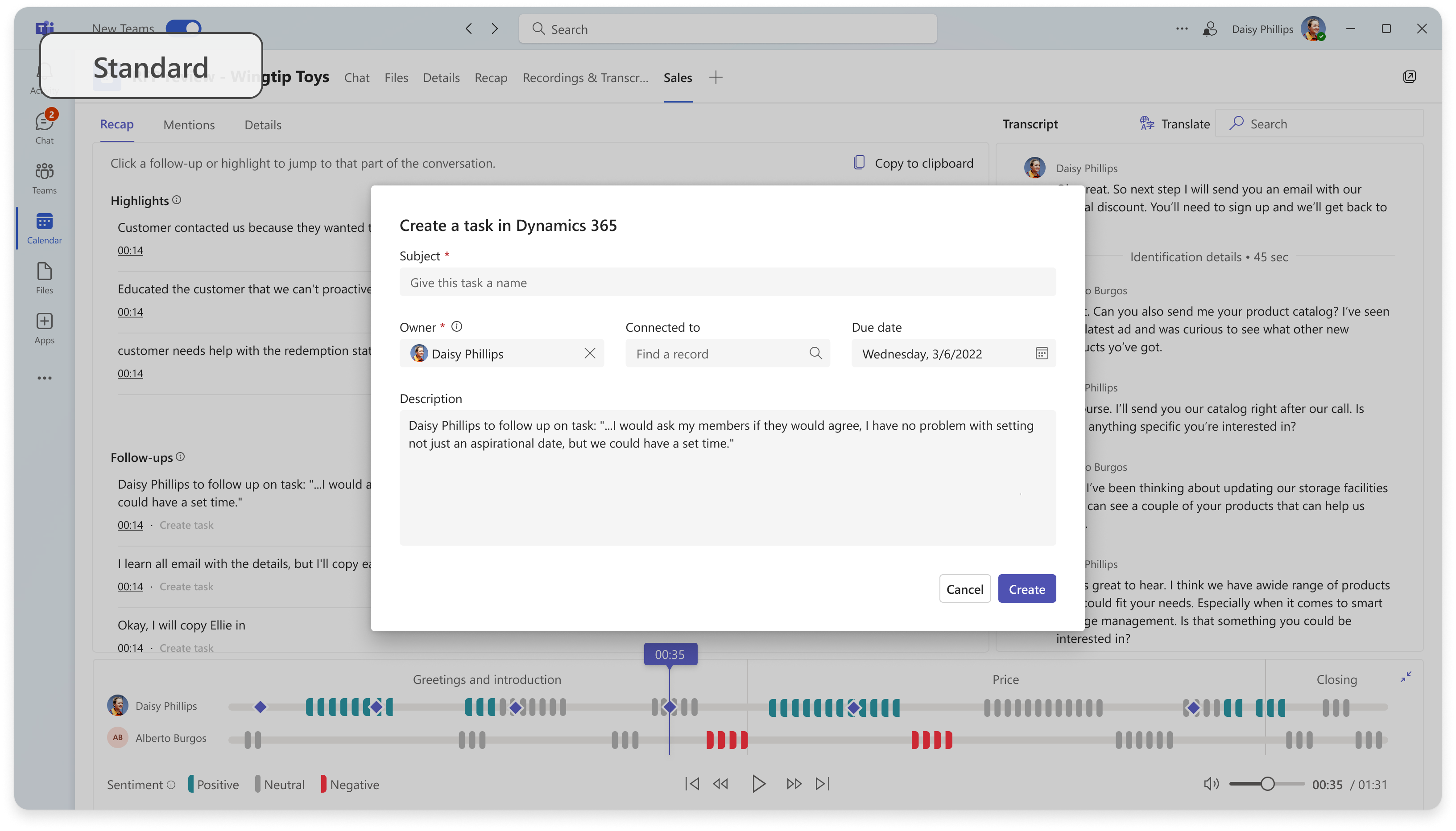 Screenshot of a standard conversation intelligence example.