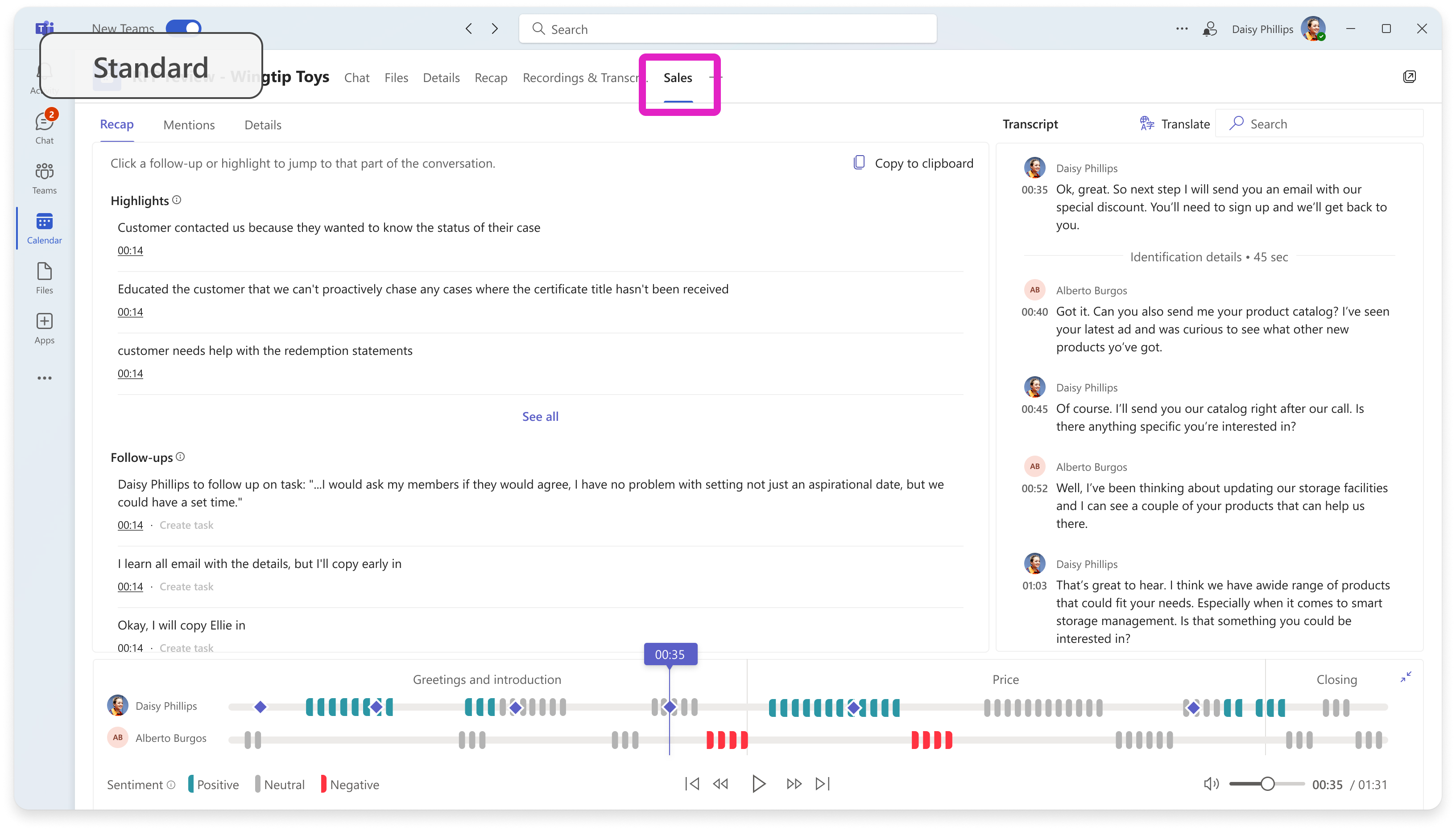 Screenshot showing the Sales tab using Microsoft 365 Copilot for Sales.