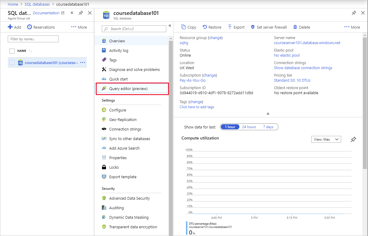 The database page in the Azure portal with the query editor option highlighted.