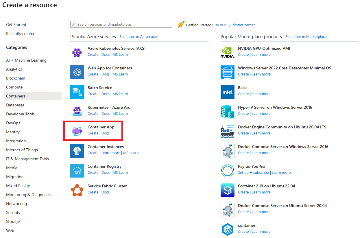 Screenshot showing Container App in the Azure Marketplace.