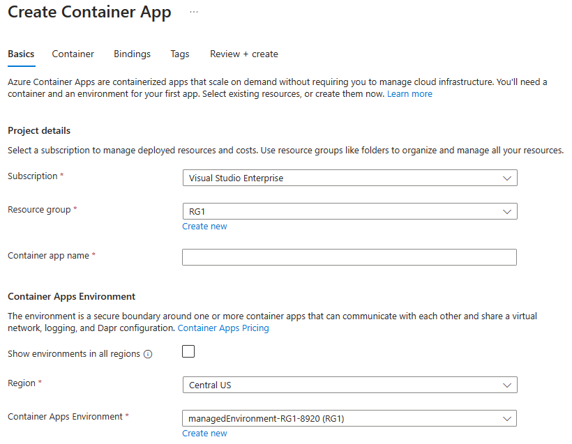 Screenshot showing the Basics tab options used to create a Container App instance.