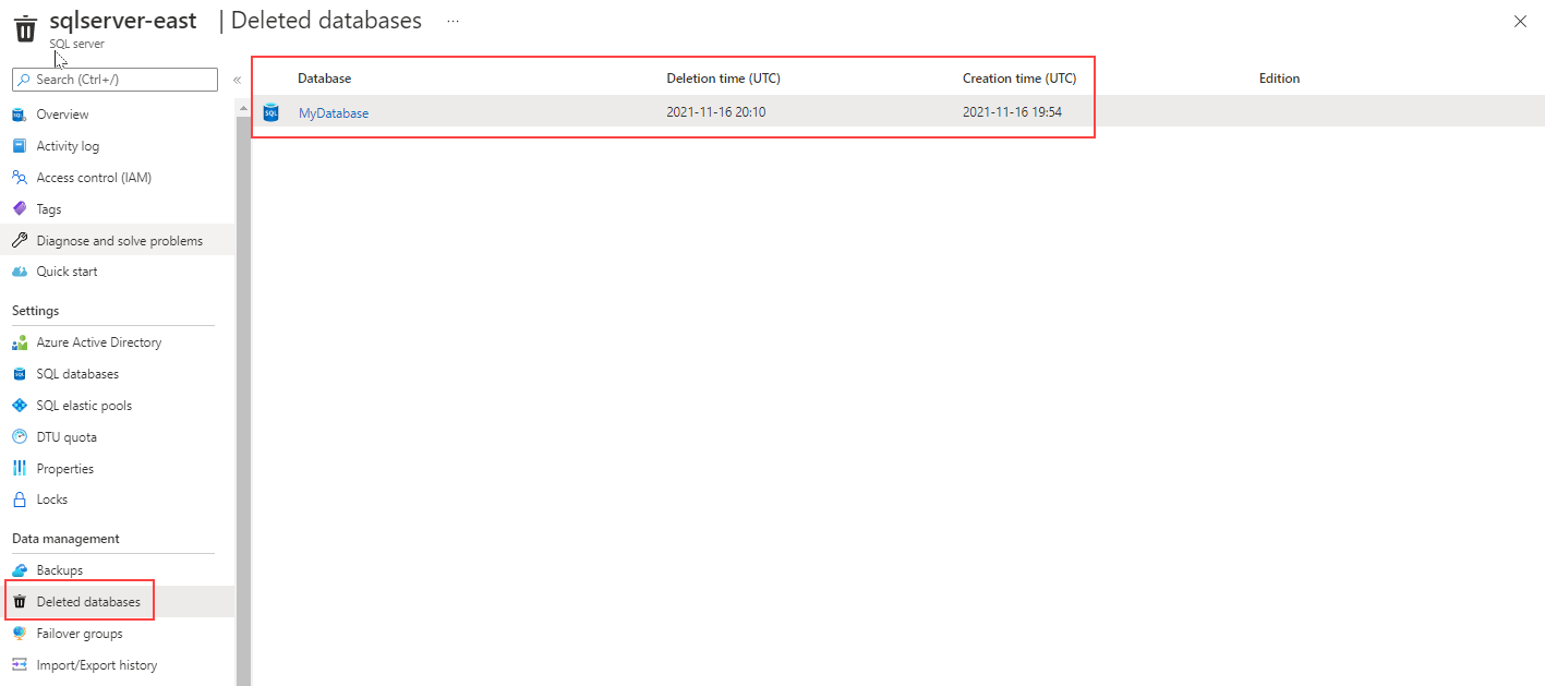 Restoring a deleted database on SQL Database through Azure portal