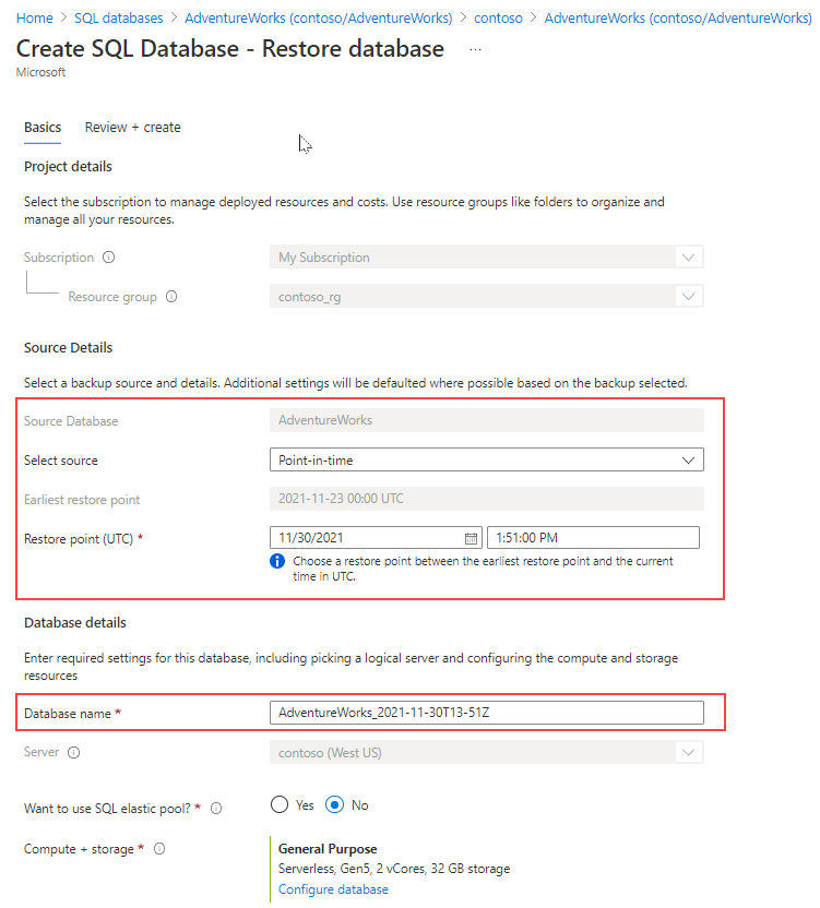 Restoring a database on SQL Database through Azure portal