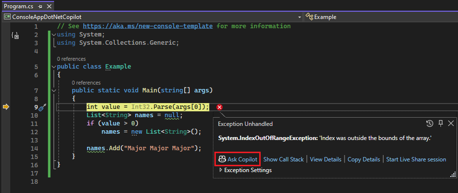 Screenshot of Ask Copilot button in an exception.