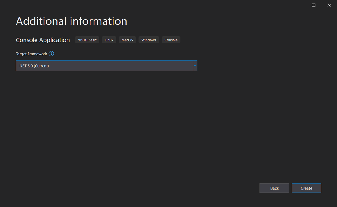 Screenshot showing the Additional information window in Visual Studio with .NET 5.0 (Current) selected as the target framework for the new project.