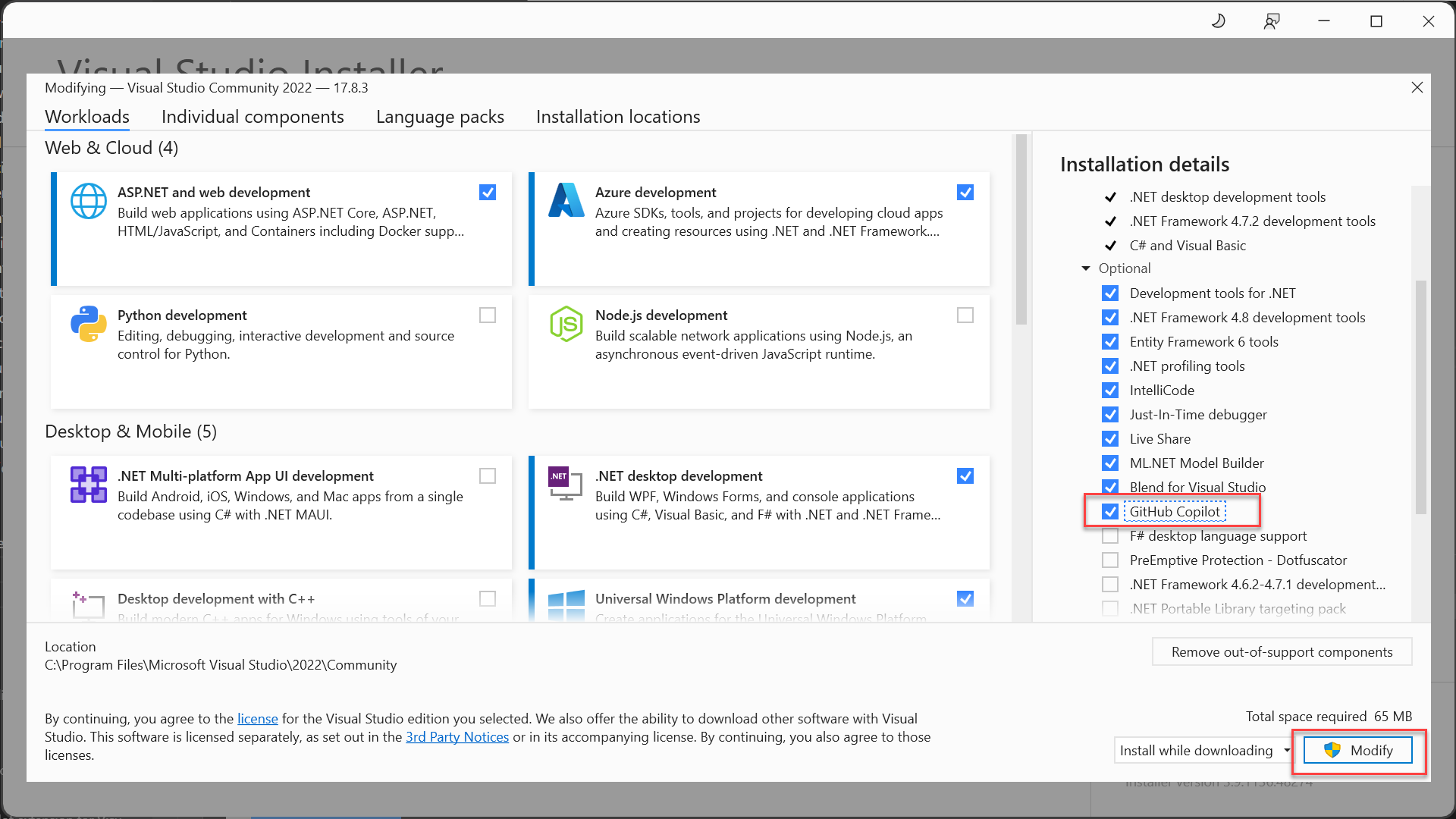 Screenshot that shows using the Visual Studio Installer to install the GitHub Copilot component.