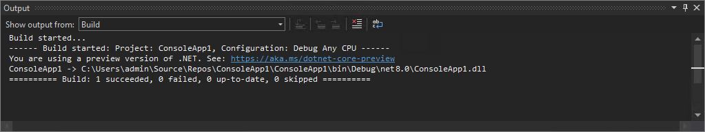 Screenshot of the Output window in Visual Studio 2022 showing output messages from building your project and from your source control provider.
