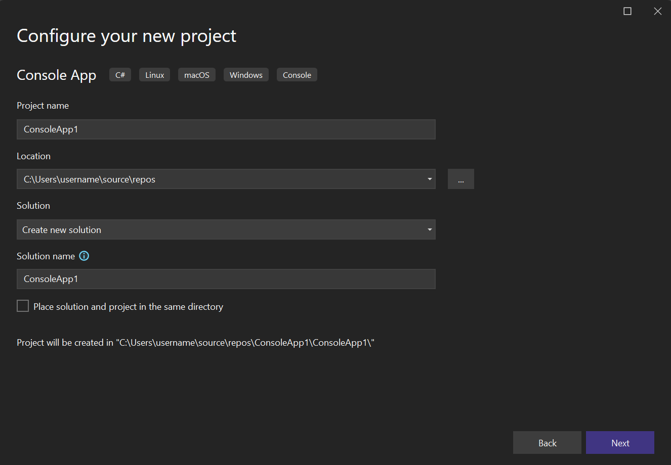 Screenshot of the Configure a new project window in Visual Studio 2022, where you enter the name of the project and the project location.