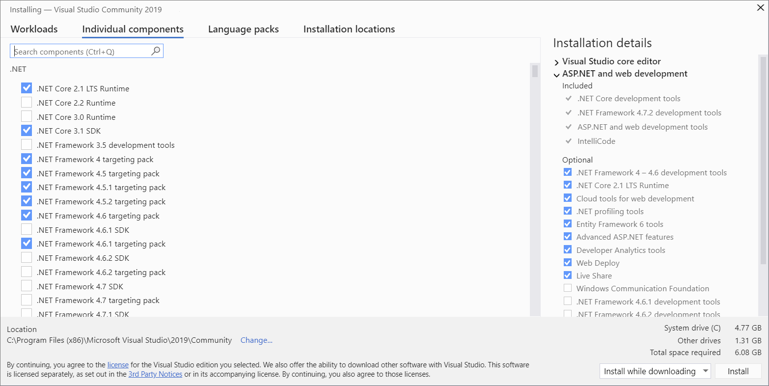 Screenshot showing the Individual components tab of the Visual Studio Installer.