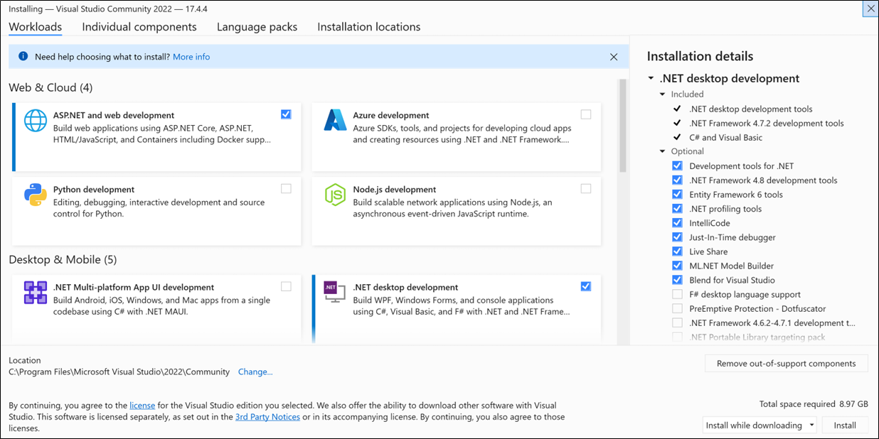 Screenshot showing the Workloads tab of the Visual Studio Installer.