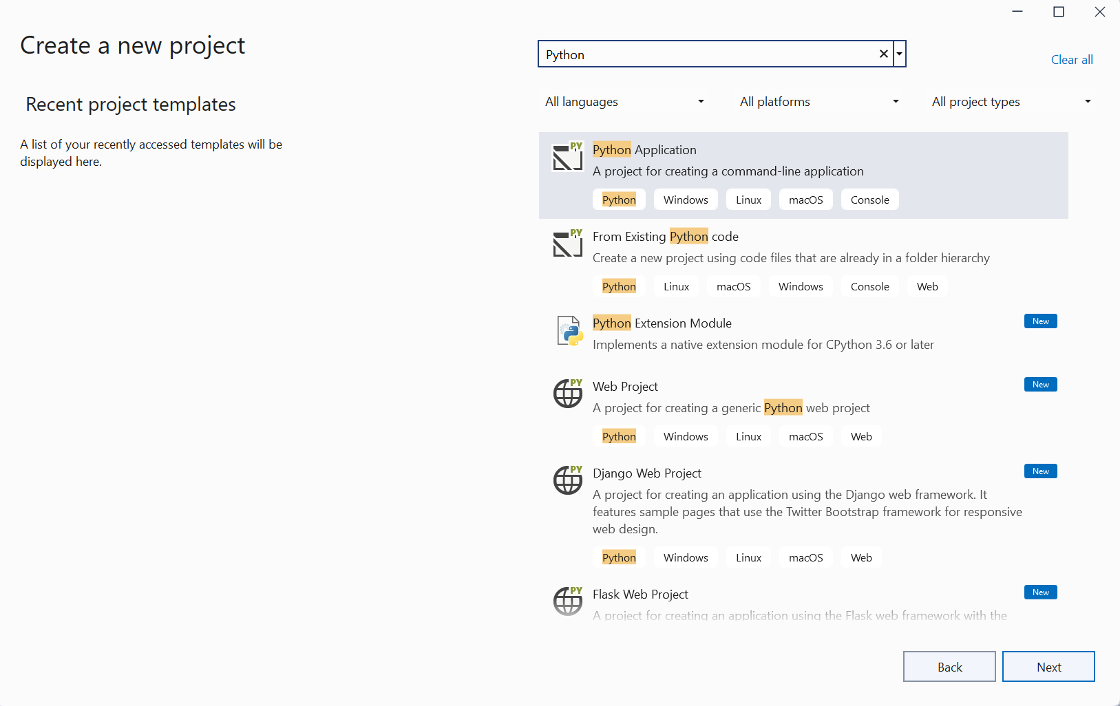 Screenshot showing the Create a new project dialog box in Visual Studio 2022 with Python project templates.