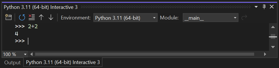 Screenshot that shows a test of Python support through the Visual Studio 2022 interactive window.