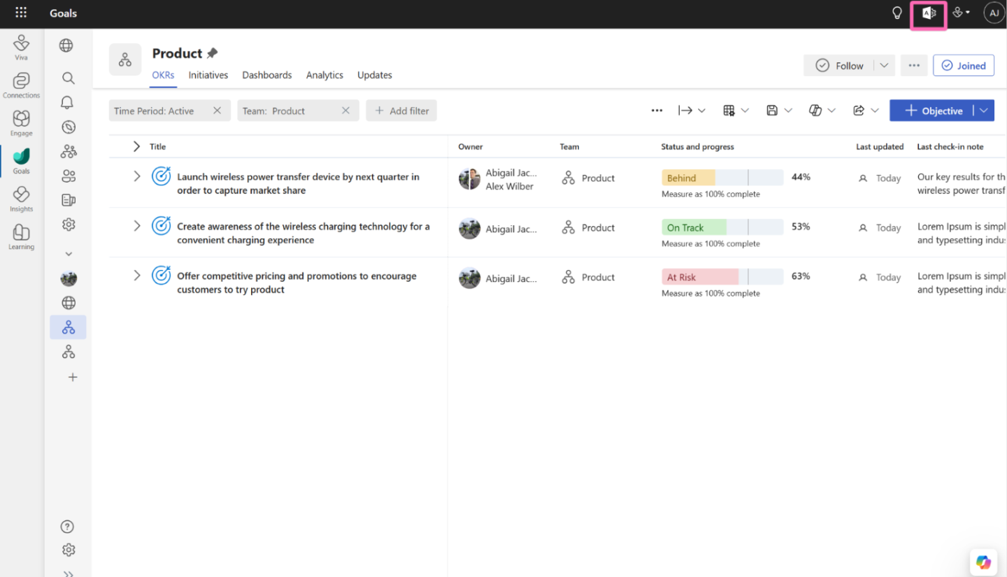 Screenshot that shows a view of a product team's OKRs and emphasizes the Admin portal icon.