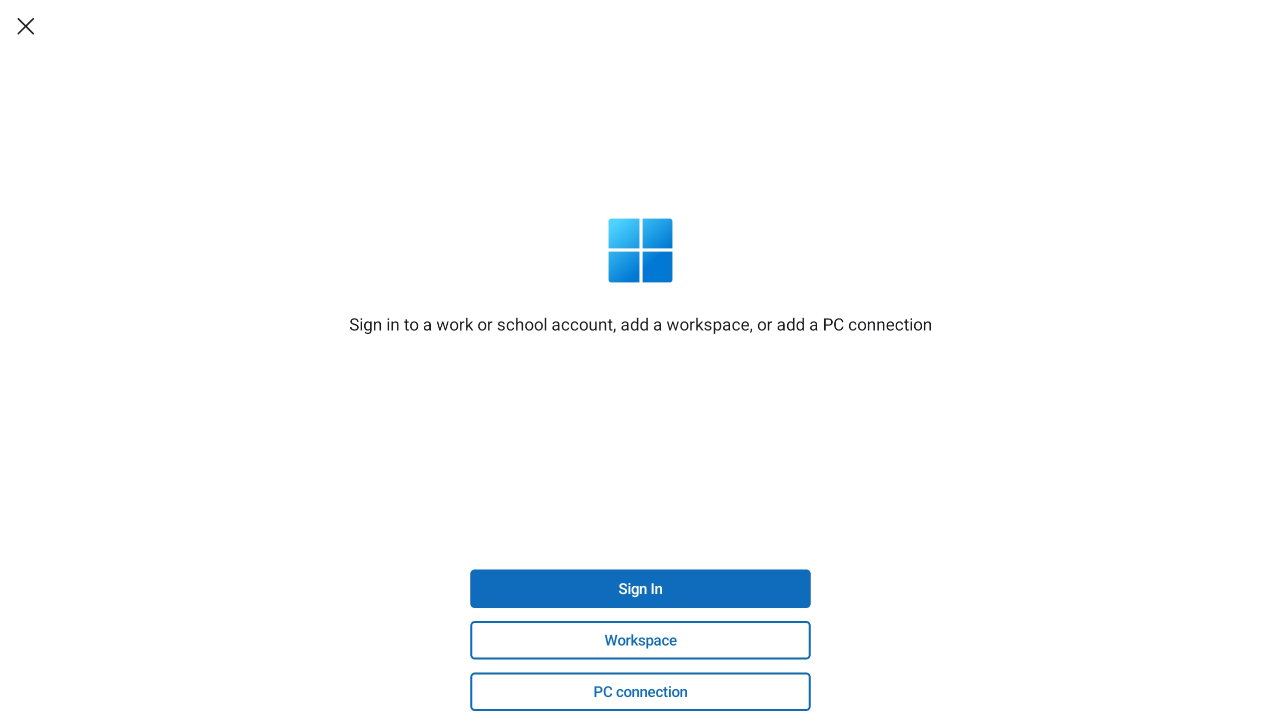 A screenshot showing the add account, workspace, or PC connection dialog for Windows App on Android with Azure Virtual Desktop.