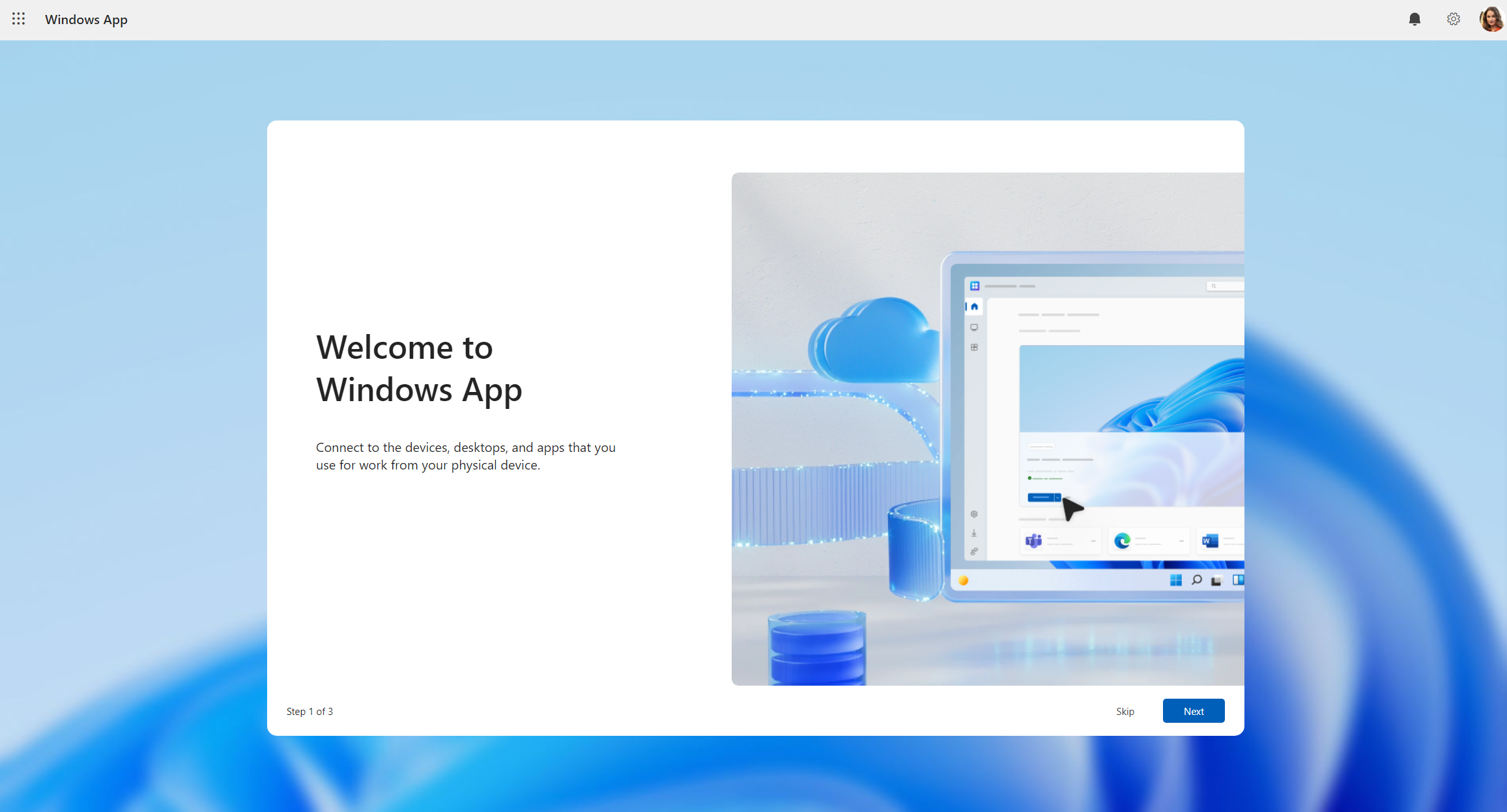 A screenshot showing the tour for Windows App in a web browser with Azure Virtual Desktop.