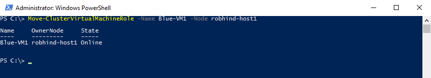 Screencap showing the output of the Move-ClusterVirtualMachineRole cmdlet