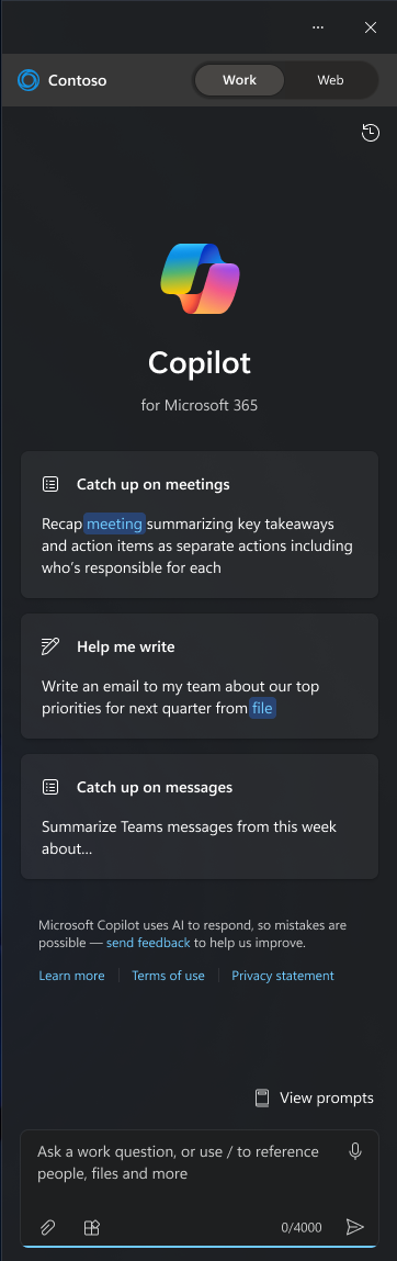 Screenshot of the Copilot in Windows user experience when the work toggle is selected and the chart provider is Copilot with Graph-grounded chat.